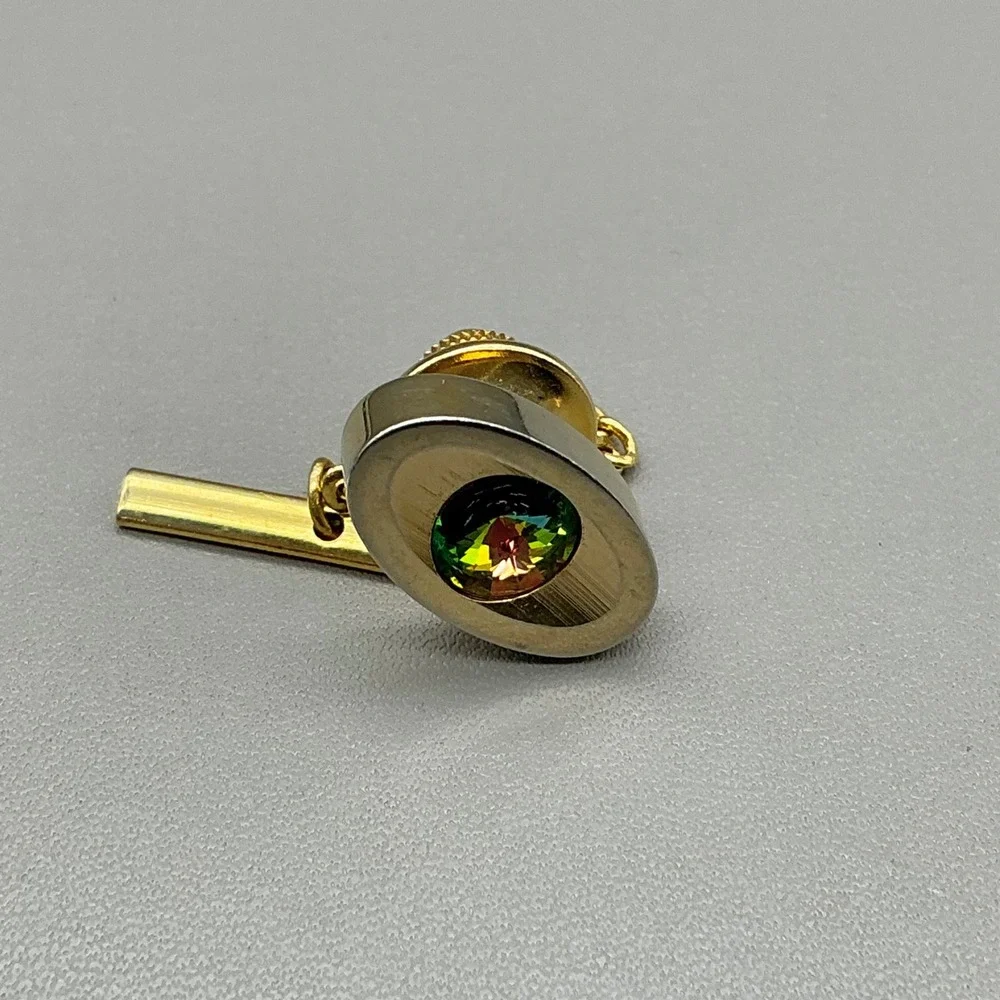 Sarah Coventry Tie Tack Rivoli Watermelon Rhinestone Gold Tone Vintage Chain